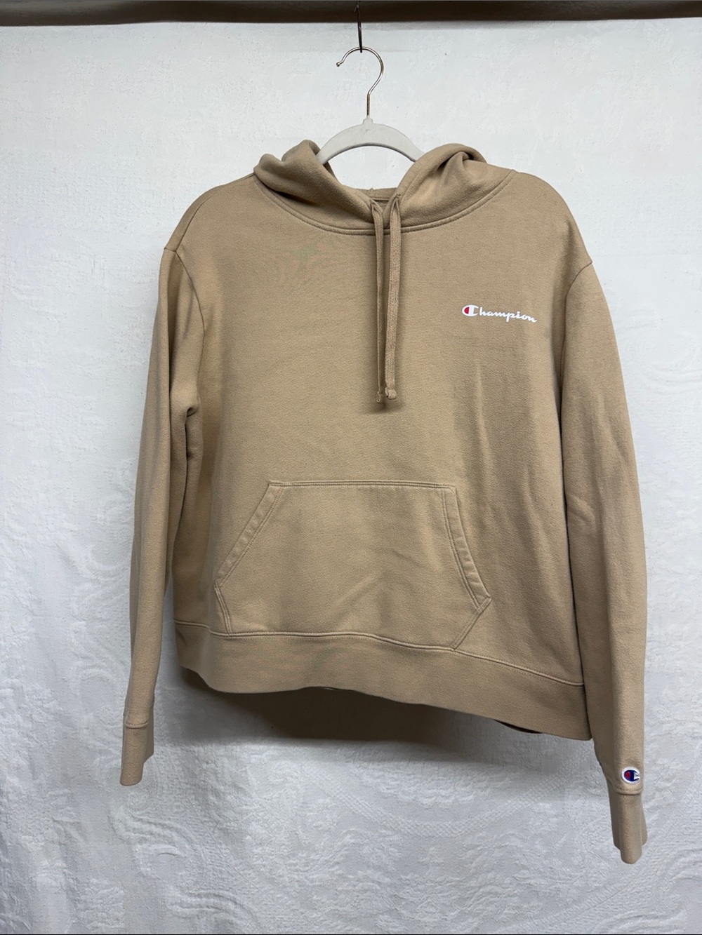 Champion Beige Pullover Hoodie with Embroidered Logo